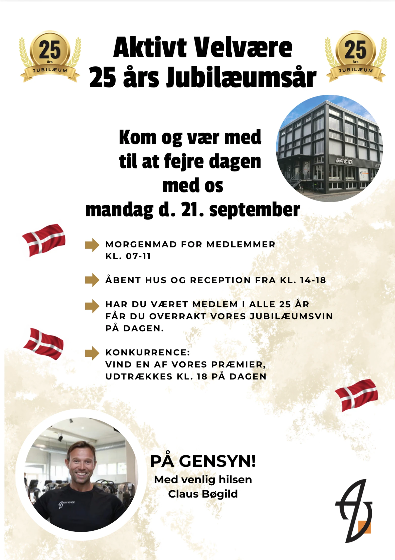 Invitation til Aktivt Velværes 25-års jubilæum den 21. september